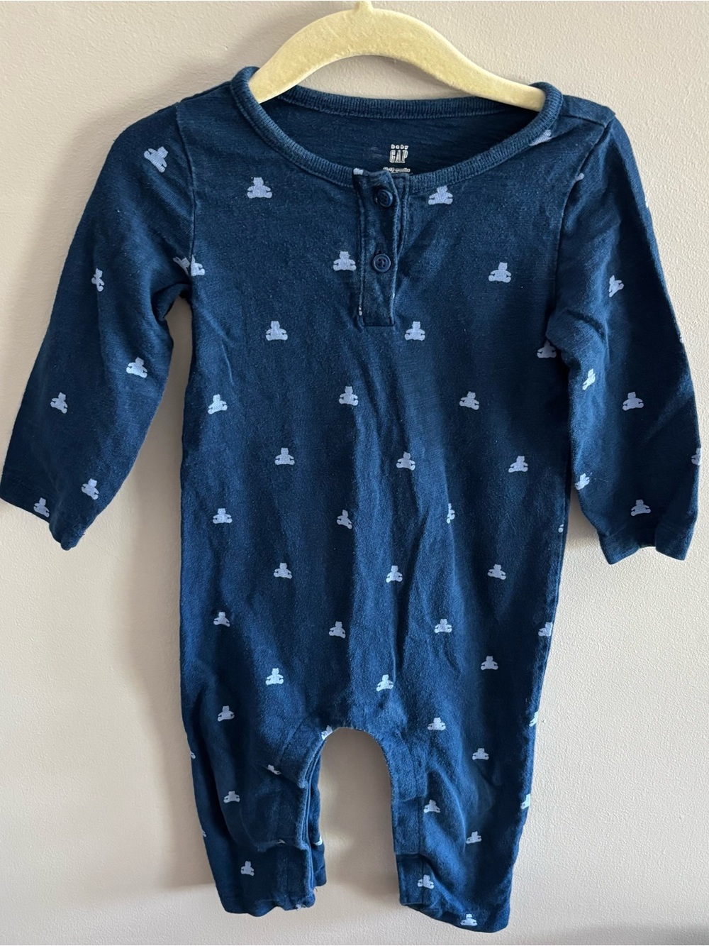 🏷️ Baby Gap Teddy Bear Henley Cotton Navy Blue Jumpsuit 12-18m